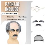 AMZCOS Old Man Bald Cap Grey Wig Grandpa Wig with Glasses Mustache & Eyebrows for Mens Halloween Cosplay Costume Funny Old Person Gray Hair Wigs