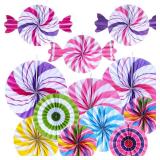 Outus 12 Pcs Candyland Hanging Paper Fans Candy Themed Classroom Decorations Lollipop Paper Fan Colorful Peppermint Ceiling Wall Decor for Halloween Candy Land Birthday Party Supplies