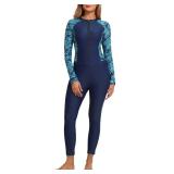 ALLTOKE Womens Full Body Rash Guard with Built in Bra Long Sleeve One Piece Swimsuit Upf50+ Zip Front Bathing Suit Navy Blue Green Leaf 2XL