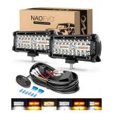 NAOEVO 7 Inch LED Light Bar, White Amber Offroad Fog/Driving Lights LED Pods with Strobe/Memory Function, 2 Leads Wiring Harness Included, Work for Truck Boat ATV UTV, 2-Pack (6 Modes)