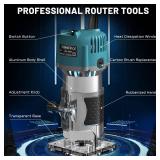 TwoWin Router Tool, 110V 800W Compact Palm Wood Router Tool for Woodworking, Electric Hand Trimmer 1/4 Collets Woodworking Tool Laminate Trimmer + Tungsten Carbide Router with 15 Pcs Router Bits