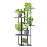 JEPRECO Plant Stand Indoor 5-Tier Metal Wood Plant Shelf for Multiple Flower Pots Corner Tall Flower Holders for Living Room Balcony Bedroom, Oak Grey
