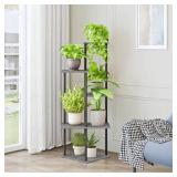 JEPRECO Plant Stand Indoor 5-Tier Metal Wood Plant Shelf for Multiple Flower Pots Corner Tall Flower Holders for Living Room Balcony Bedroom, Oak Grey