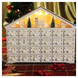 MorTime LED 24 Day Advent Calendar Decorated with Christmas Tree House and LED Lights, Lighted White Wooden Countdown to Christmas Calendar