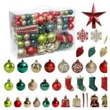 ROSELEAF 132pcs Christmas Tree Decoration Set - Red, Green & Gold Shatterproof Hanging Ornaments - Folk Art Style - Christmas, Wedding, Anniversary