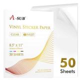 A-SUB Clear Sticker Paper for Inkjet Printers, Waterproof Translucent Printable Vinyl Sticker Paper - 50 Sheets 8.5x11 Inch Glossy Clear Label Paper for Custom Decals