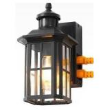 12.8 in. Black Motion Sensing Dusk to Dawn Outdoor Hardwired Wall Light Lantern Scone with Built-in 2 GFCI Outlet