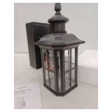 12.8 in. Black Motion Sensing Dusk to Dawn Outdoor Hardwired Wall Light Lantern Scone with Built-in 2 GFCI Outlet