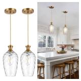 2 Pack Glass Pendant Lights Kitchen Island Gold Vintage Pendant Light Hand-Blown Hammered Clear Glass Hanging Light Fixtures E26 Brass Pendant Light for Kitchen Sink Dining Room - Retail: $97