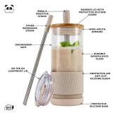 Glass Cup With Lid and Straw -20 Fl Oz- Perfect Size Iced Coffee Cup - Smoothie Cup With Bamboo Lid and On the go Lid (Creamy Mushroom - Retail: $18