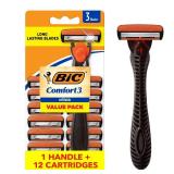 BIC Comfort 3 Refillable Three-Blade Razor for Men, Sensitive Skin Razor For a Comfortable Shave, 1 Handle and 12 Cartridges, 13 Piece Razor Set