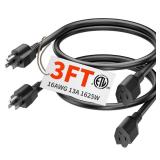 PlugSaf 2 Pack of 3Ft Black Outdoor Extension Cord 16/3 Gauge Waterproof, Cold Weatherproof -58°F, Flame Retardant, Flexible 3 Prong Electric Cord for Lawn Office,13A 1625W 16AWG SJTW, ETL Listed