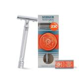 MERKUR 23C Double Edge Safety Razor - Polished Chrome, Long Knurled Brass Handle, Made in Germany, Plastic-Free, Three Piece Design, Closed Comb, Straight Bar