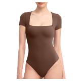 PUMIEY Square Neck Bodysuits For Women Short Sleeve Body Suit Slimming Going Out Tops Womens Clothing Chocolate,Large