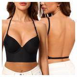 Low Back Bra for Women-Seamless Invisiable Backless Bras-Lightly Lined Open Back Halter Multiway Low Cut Bra (Black, 32C)