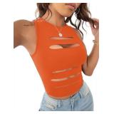 LovelyWholesale Women Sexy Cut Out Crop Tank Tops Crew Neck Summer Sleeveless Top Orange Medium