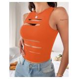 LovelyWholesale Women Sexy Cut Out Crop Tank Tops Crew Neck Summer Sleeveless Top Orange Medium