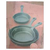New old stock Martha Stewart 3-Piece Cast Iron Skillet Set. Still in original packaging