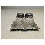 Cut Glass Salt and Pepper Shakers with Metal Tray