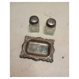 Cut Glass Salt and Pepper Shakers with Metal Tray