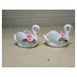 White Swan Figurines with Pink Roses