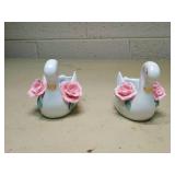 White Swan Figurines with Pink Roses