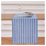 Solino Home Striped Linen Table Runner 60 Inches - Amalfi Stripe, 100% Pure Linen Bistro Blue Small Table Runner 14 x 60 Inch Ideal for Dresser and Coffee Tables