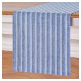 Solino Home Striped Linen Table Runner 60 Inches - Amalfi Stripe, 100% Pure Linen Bistro Blue Small Table Runner 14 x 60 Inch Ideal for Dresser and Coffee Tables