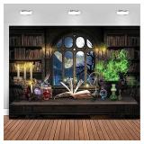 Mocsicka Wizard Magic Bookshelf Backdrop Witch Cauldron Halloween Party Decoration Magic Theme Birthday Party Banner Photo Studio Props (Brown, 7x5ft(82
