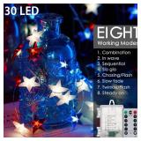 Minetom 4th of July Decorations 11 FT 30 LED Red White and Blue Lights Battery Operated, Patriotic Star String Lights with Remote & Timer for Independence Day Memorial Day Fourth of July