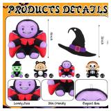 Poen 54 Pcs/18 Pack Halloween Witch Plush Toy Bulk Witch Vampire Skeleton Black Cat Keychain Halloween Monster Stuffed Animal with Cards for Trick or Treat Party Favors Exchange Prize Gifts