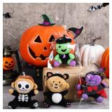Poen 54 Pcs/18 Pack Halloween Witch Plush Toy Bulk Witch Vampire Skeleton Black Cat Keychain Halloween Monster Stuffed Animal with Cards for Trick or Treat Party Favors Exchange Prize Gifts