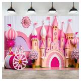 9x6ft Princess Castle Backdrop Pink Purple Floral Girl Birthday Photography Background Kids Birthdays Newborn Baby Shower Banner Decorations Wedding Party Portrait Photo Booth Prop