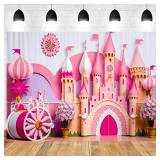 9x6ft Princess Castle Backdrop Pink Purple Floral Girl Birthday Photography Background Kids Birthdays Newborn Baby Shower Banner Decorations Wedding Party Portrait Photo Booth Prop