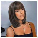 Short Bob Wig with Bangs for Black Women 10inch Brown Highlight Wig Ready and Go Glueless Wig Synthetic Pre Layered Cut Straight Bob Wig for Daily Party Use