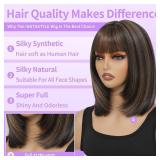 Short Bob Wig with Bangs for Black Women 10inch Brown Highlight Wig Ready and Go Glueless Wig Synthetic Pre Layered Cut Straight Bob Wig for Daily Party Use