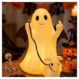 Ghost Walking Dog Statue Decor with LED, Halloween Spooky Ghost Dog Resin Figurine,Cute Light-Up Finger Ghost Decorations for Party, Home, Bedroom, Shelf, Table Centerpiece (Boy)