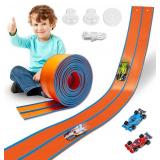 Flexible Race Track Toys for Kids 15 Ft with 4 Cars & Suction Cups, Portable Double Lane Racetrack Compatible with Hot Wheels & 1/64 Diecast Cars, Fun Car Ramp Track Set for Ages 3+(Orange & Blue)