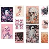 Whaline 10Pcs Halloween Wall Art Prints Pink Skull Ghost Flower Paper Posters Aesthetic Gothic Picture Decoration for Party Gallery Living Room Office, Unframed