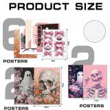 Whaline 10Pcs Halloween Wall Art Prints Pink Skull Ghost Flower Paper Posters Aesthetic Gothic Picture Decoration for Party Gallery Living Room Office, Unframed