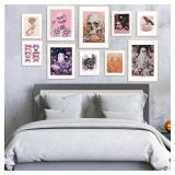 Whaline 10Pcs Halloween Wall Art Prints Pink Skull Ghost Flower Paper Posters Aesthetic Gothic Picture Decoration for Party Gallery Living Room Office, Unframed