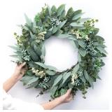 Eucalyptus Wreaths 22" Large Artificial Greenery Outdoor/Indoor Wreath Spring/Summer/Winter Wreath Green Wreaths for Front Door Porch Window Wall Hanging Decor All Year Round Wre-ath Green
