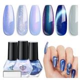 modelones Blue Nail Polish, 6 Colors Cat Eye Glitter Gray Shimmer Holographic Clear Quick Dry Mini Starter Set, Long Lasting Art DIY Manicure Kit at Home for Women