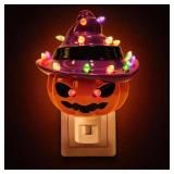 Halloween Decorations, Ceramic Pumpkin in Witch Hat Plug-in Night Light, Vintage Halloween Decorative Night Light with 17 Bulbs, Halloween Decor Indoor for Party Gift Bedroom & Hallway