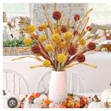Miyukyee 4Pcs Fake Fall Floral Stems 19 inch Artificial Autumn Bill Balls Flower Pick Fall Craspedia Stems Bouquet for Vases Home Office Wedding Harvest Thanksgiving