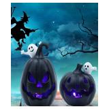 2PCS Light Up Jack-O-Lanterns Pumpkin Decor with White Ghost Black Spooky Face Halloween Pumpkin Halloween Decorations for Table Party Supplies Favors
