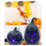 2PCS Light Up Jack-O-Lanterns Pumpkin Decor with White Ghost Black Spooky Face Halloween Pumpkin Halloween Decorations for Table Party Supplies Favors