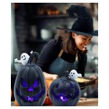 2PCS Light Up Jack-O-Lanterns Pumpkin Decor with White Ghost Black Spooky Face Halloween Pumpkin Halloween Decorations for Table Party Supplies Favors
