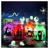 Letapapa Halloween Crafts for Kids, 4 PCS Mason Jar with Accessories for DIY Craft, Art Party Favor Supplies, Halloween Decoration Trick or Treating, Classroom Art Activities