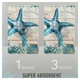 Beach Starfish Bathroom Mat Quick-Drying Non-Slip Rubber Bath Mats Super Absorbent Nautical Coral Wooden Plank Bath Mat Instant Dry Bathroom Rug Kitchen Sink, Shower Room, Bathtub,50"x80"